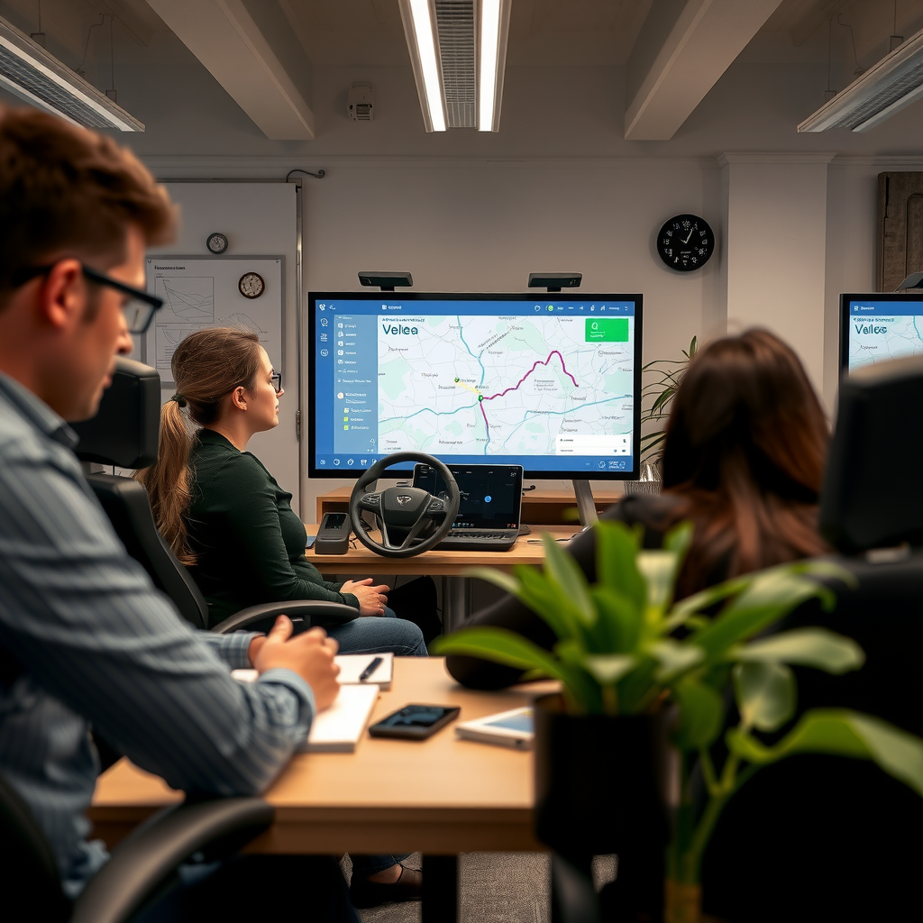 Equipo de Semimaturebom.com trabajando en la oficina de Salta, Argentina, investigando sobre vehículos eléctricos y estaciones de carga, con mapas de rutas ecológicas en pantallas