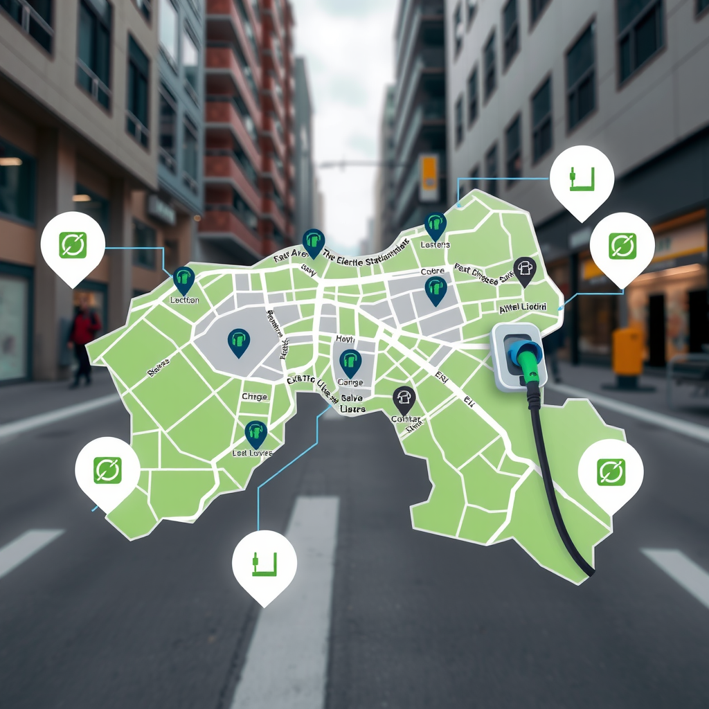 Mapa detallado mostrando las 5 mejores estaciones de carga para vehículos eléctricos en Buenos Aires, con iconos de enchufes eléctricos, señales de ubicación y símbolos de velocidad de carga rápida en un fondo urbano moderno