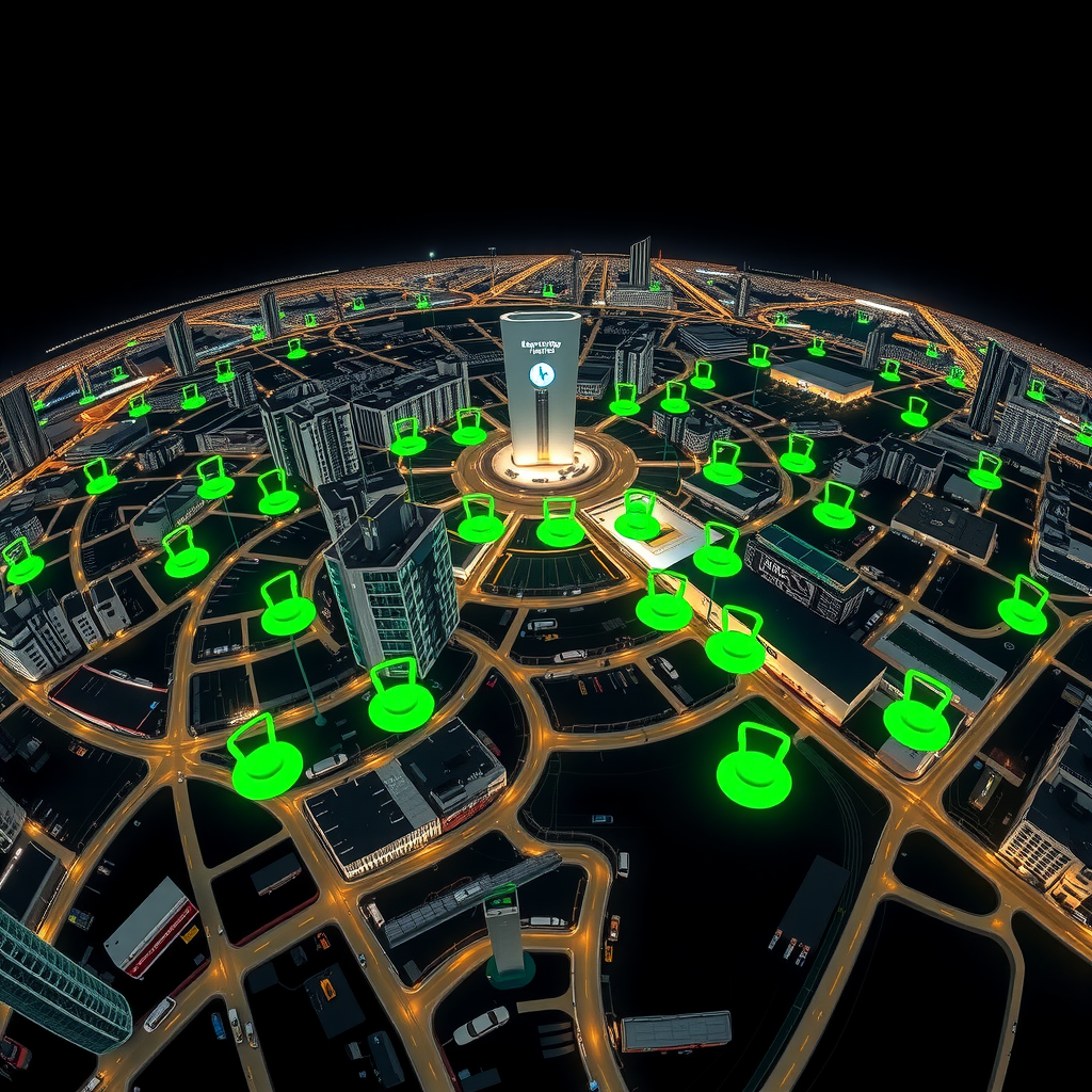 Vista panorámica de Buenos Aires mostrando la red de estaciones de carga para vehículos eléctricos distribuidas estratégicamente por toda la ciudad, con iconos verdes indicando ubicaciones de carga rápida