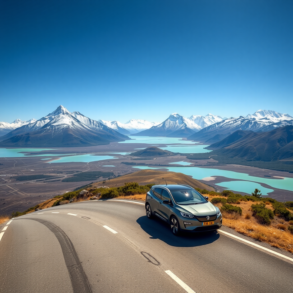 Vista panorámica de la Patagonia argentina con montañas nevadas al fondo, un vehículo eléctrico moderno en primer plano en la Ruta 40, cielo azul despejado, paisaje natural impresionante con lagos turquesa y vegetación patagónica