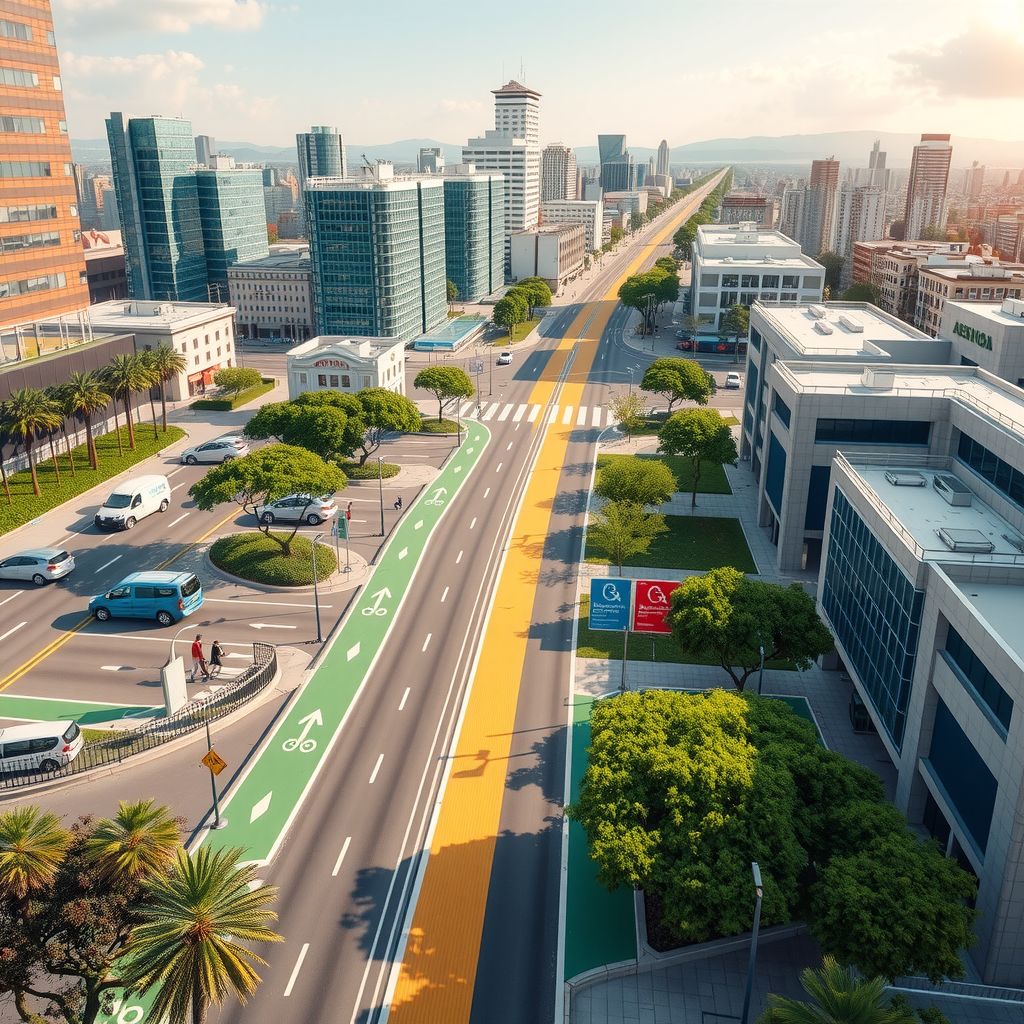 Vista panorámica de una ciudad argentina moderna mostrando infraestructura de transporte sostenible con ciclovías verdes, autobuses eléctricos en circulación, amplias zonas peatonales y estaciones de carga para vehículos eléctricos integradas armoniosamente en el paisaje urbano