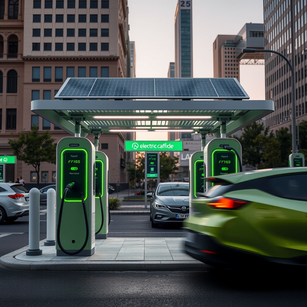 Moderna estación de carga para vehículos eléctricos en el centro de Buenos Aires, con múltiples puntos de carga rápida y paneles solares en el techo, mostrando la infraestructura de movilidad eléctrica en Argentina