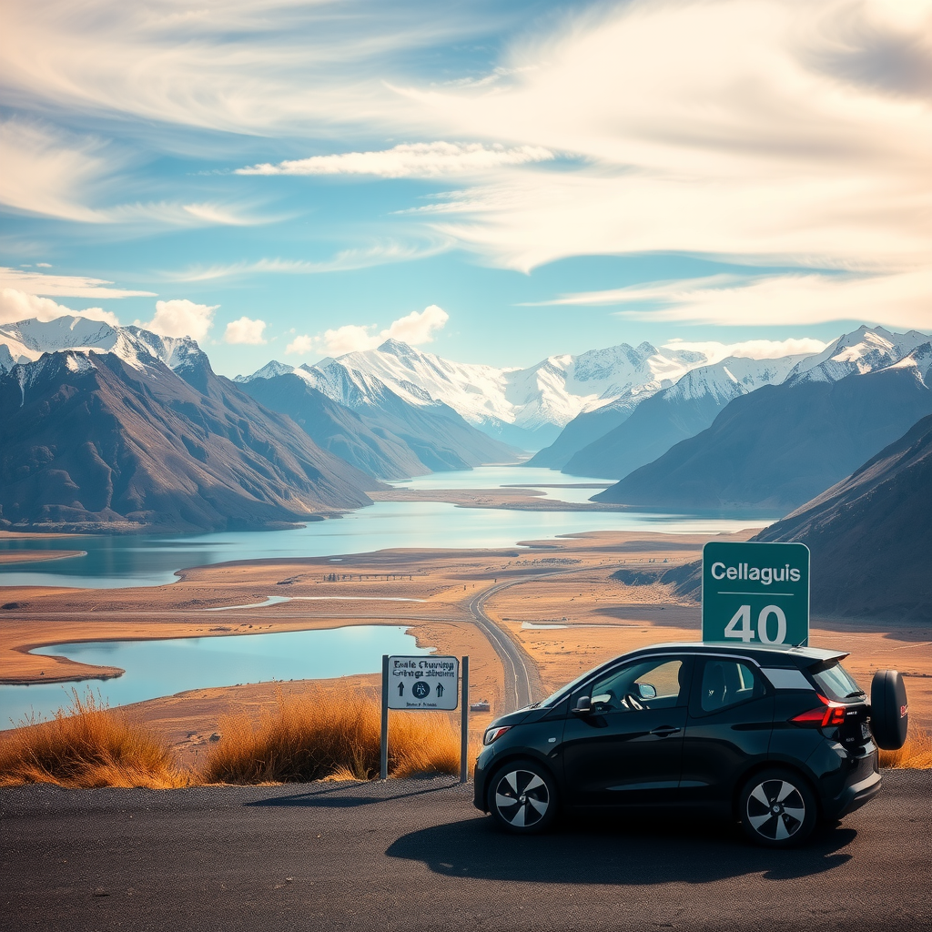 Paisaje impresionante de la Patagonia argentina con montañas nevadas, lagos cristalinos y la Ruta 40, con un vehículo eléctrico moderno en primer plano y señales de estaciones de carga ecológicas integradas en el entorno natural