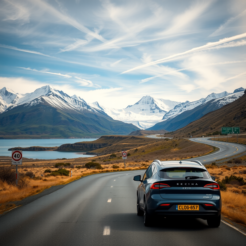 Paisaje impresionante de la Patagonia argentina con montañas nevadas, lagos cristalinos y una carretera serpenteante, con un vehículo eléctrico moderno en primer plano y señales de estaciones de carga ecológicas a lo largo de la Ruta 40