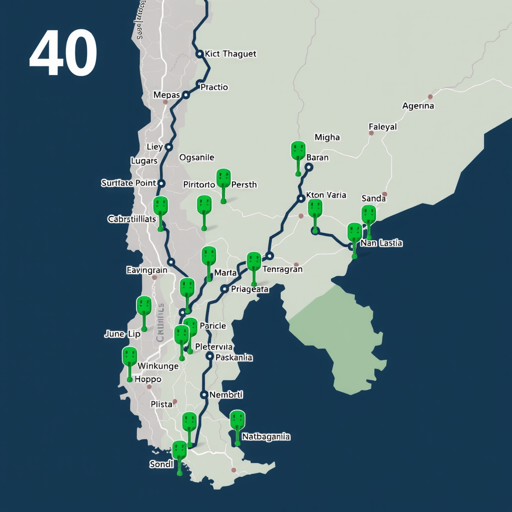 Mapa detallado de la Ruta 40 en Patagonia argentina mostrando ubicaciones de estaciones de carga para vehículos eléctricos, marcadores con iconos de enchufes verdes, distancias entre puntos de carga, ciudades principales, diseño cartográfico moderno y limpio con colores azul y verde