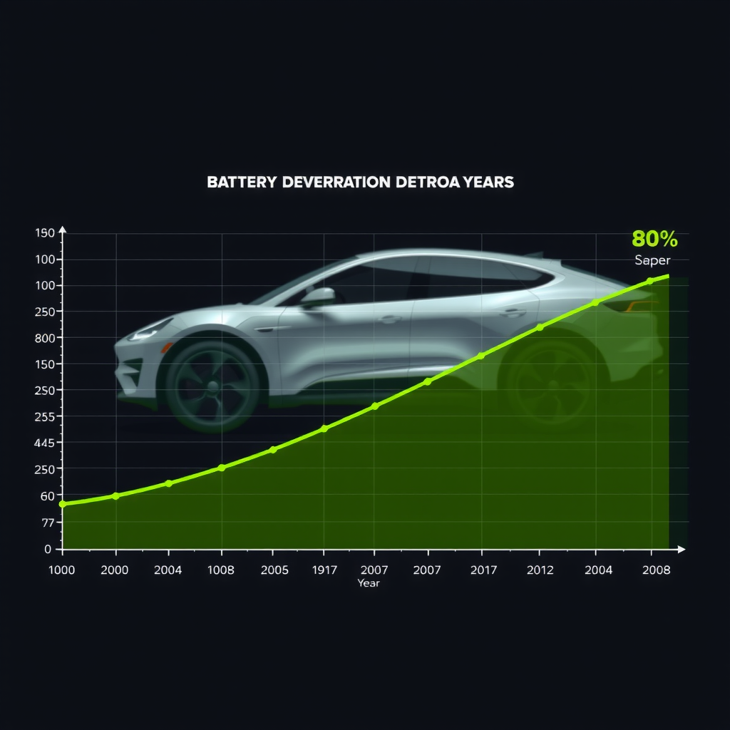 Gráfico de línea mostrando la degradación de capacidad de batería de vehículo eléctrico a lo largo de 10 años, con curva descendente gradual desde 100% hasta aproximadamente 80%, con marcadores de garantía y puntos de referencia