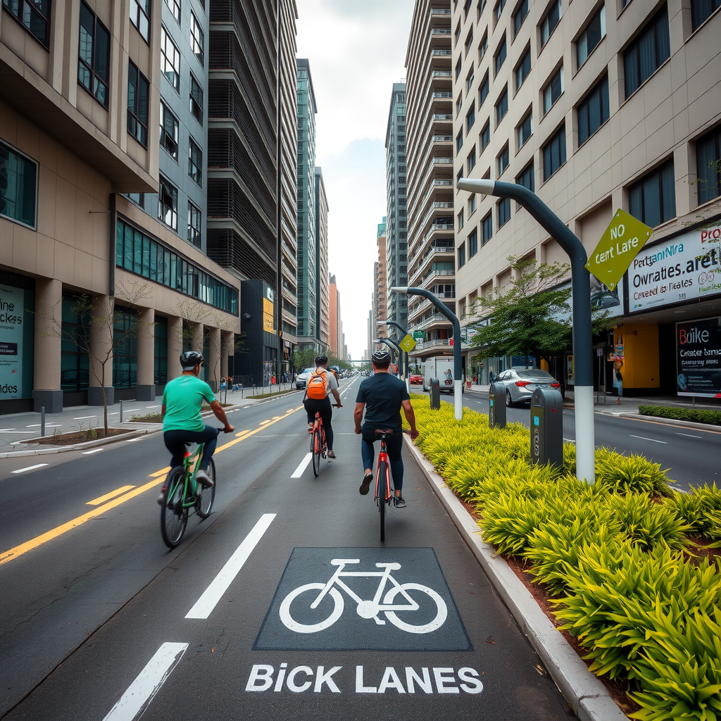 Ciclovía moderna y bien diseñada en una ciudad argentina mostrando ciclistas utilizando carriles protegidos con señalización clara, vegetación urbana a los lados y estaciones de bicicletas compartidas integradas en el diseño