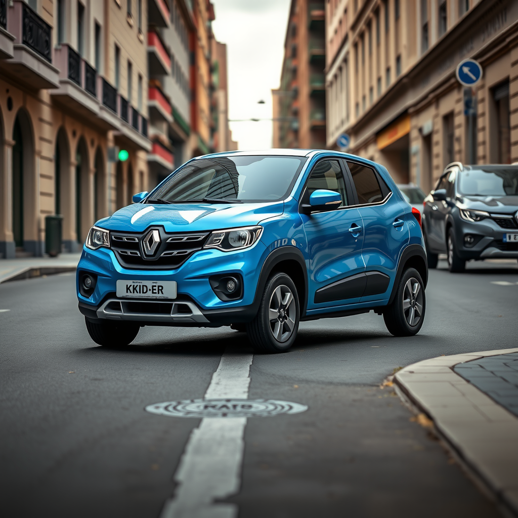 Renault Kwid E-Tech color azul eléctrico estacionado en una calle urbana de Buenos Aires, mostrando su diseño compacto ideal para la ciudad con detalles de carga eléctrica visible