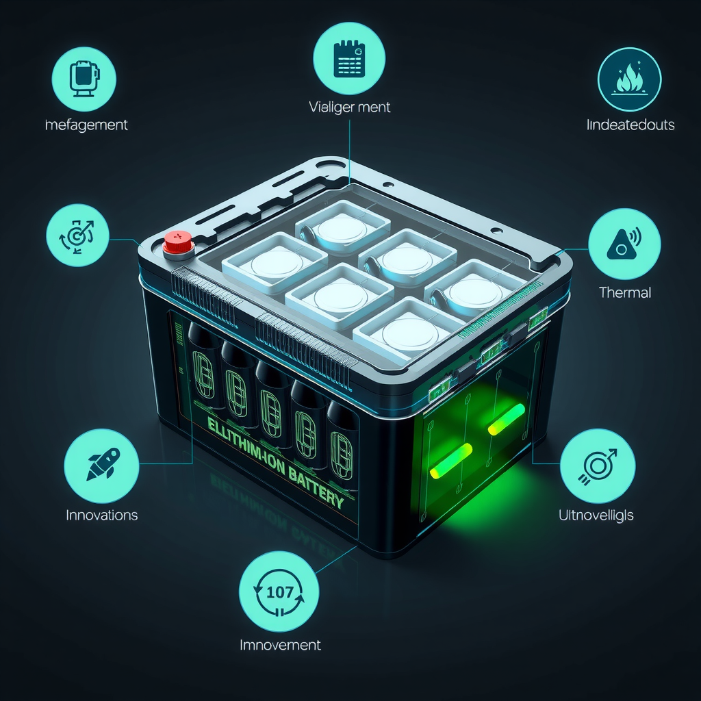 Ilustración técnica detallada de una batería de iones de litio para vehículos eléctricos, mostrando celdas internas, circuitos de gestión térmica, indicadores de carga y símbolos de innovación tecnológica con elementos gráficos modernos en azul y verde