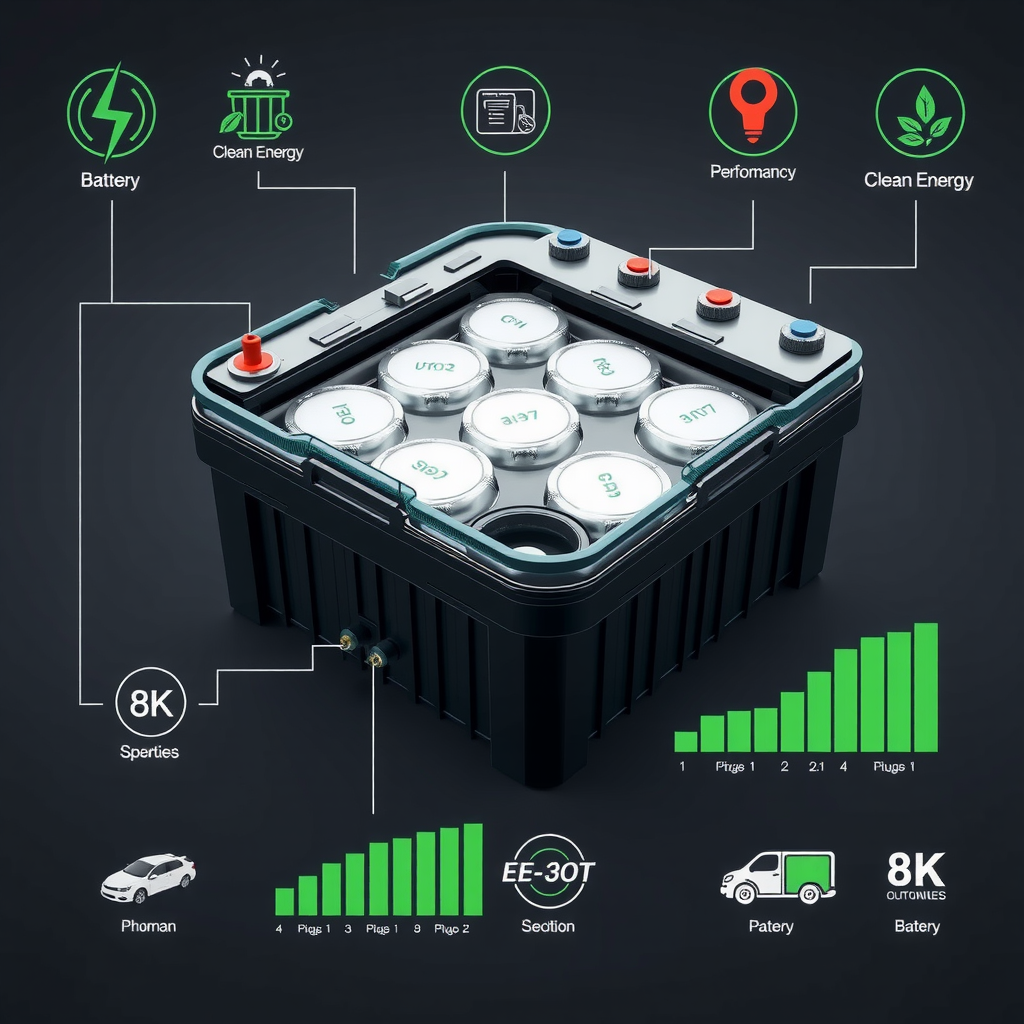 Ilustración técnica detallada de una batería de iones de litio para vehículos eléctricos, mostrando celdas individuales, circuitos de gestión térmica, conectores eléctricos y gráficos de rendimiento con iconos de energía limpia y sostenibilidad