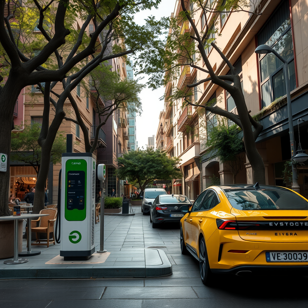 Estación de carga en Palermo Soho con diseño urbano integrado, rodeada de árboles, cafeterías y tiendas, mostrando la perfecta combinación de infraestructura EV con vida urbana