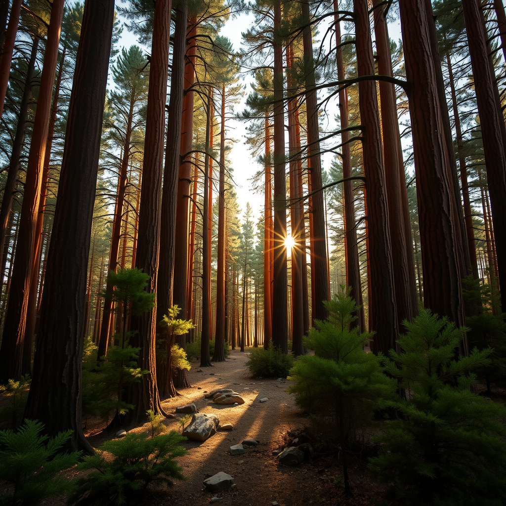 Bosque de alerces milenarios en el Parque Nacional Los Alerces, Patagonia, árboles gigantes con troncos rojizos característicos, sendero natural entre la vegetación, luz solar filtrada entre las copas de los árboles, ambiente místico y preservado, naturaleza virgen