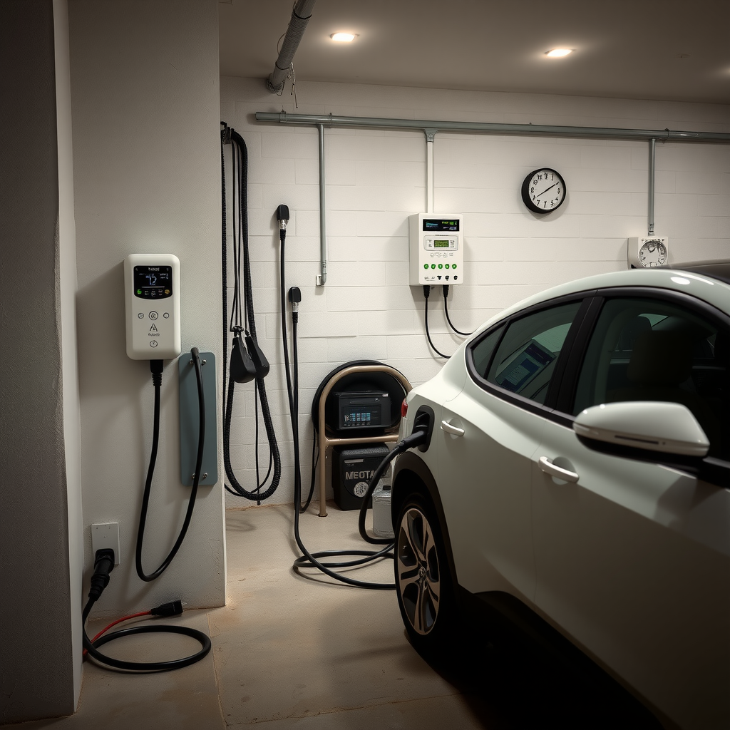 Estación de carga doméstica instalada en garaje argentino típico, con vehículo eléctrico conectado, mostrando el cargador de pared, cables organizados y sistema de monitoreo digital, ambiente bien iluminado