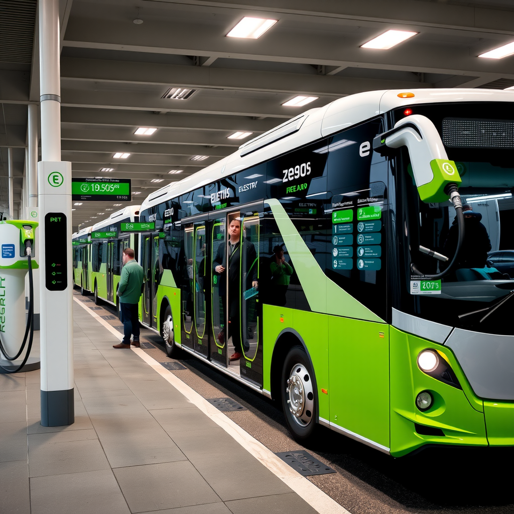 Autobús eléctrico moderno de color blanco y verde en una estación de carga urbana con pasajeros abordando, mostrando diseño contemporáneo, pantallas digitales de información y tecnología de carga rápida visible en el fondo