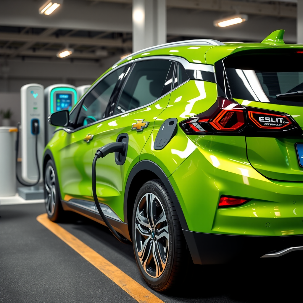 Chevrolet Bolt EV color verde sostenible en una estación de carga rápida, mostrando su diseño hatchback moderno con puerto de carga conectado y pantalla digital visible