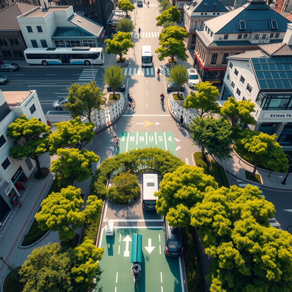 Vista aérea de una ciudad argentina moderna con ciclovías verdes, autobuses eléctricos circulando, zonas peatonales arboladas, estaciones de carga para vehículos eléctricos y paneles solares en edificios, representando movilidad urbana sostenible