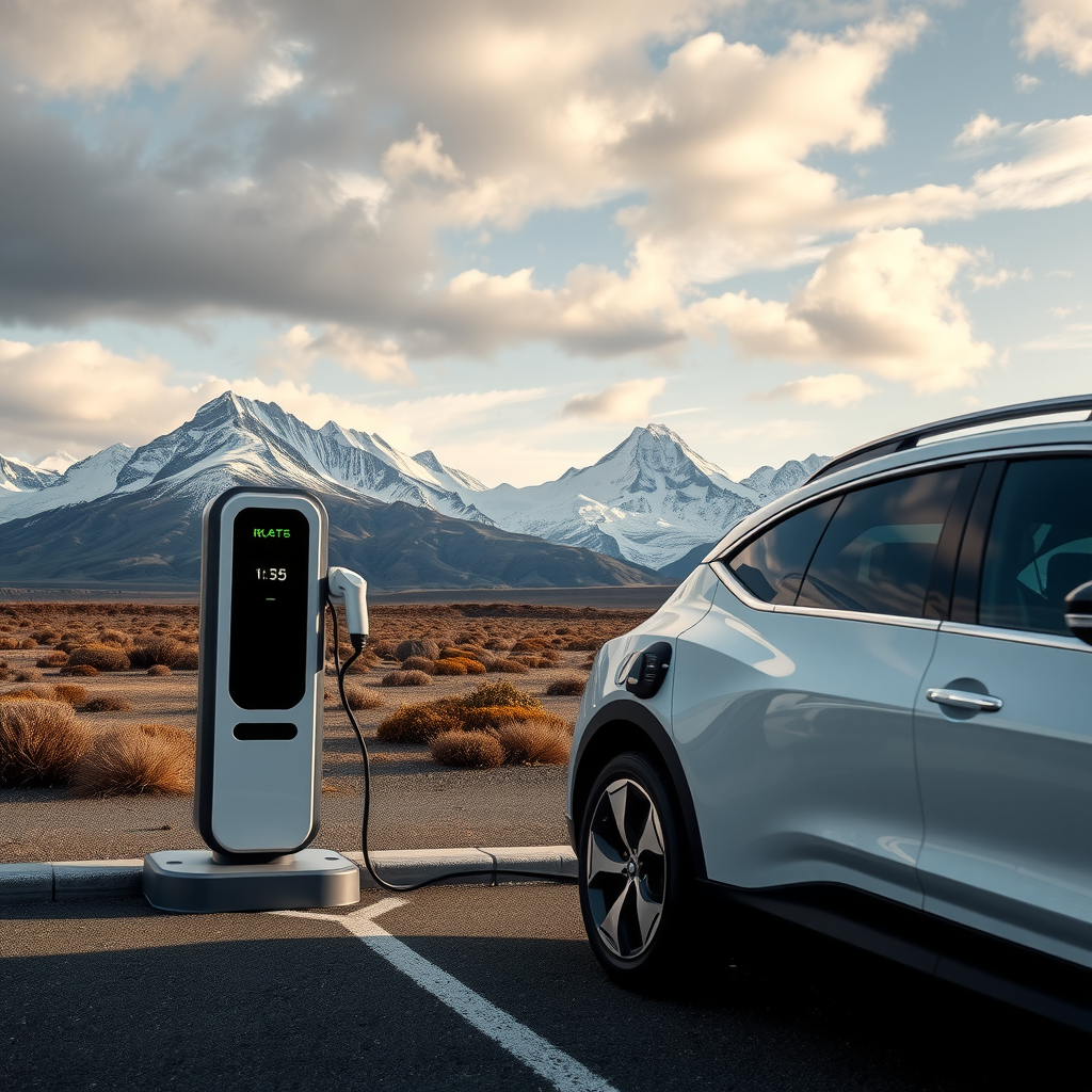 Vehículo eléctrico moderno conectado a estación de carga rápida con impresionante paisaje patagónico de fondo, montañas nevadas, cielo dramático con nubes, tecnología sostenible y naturaleza en perfecta armonía, composición que muestra el futuro del turismo ecológico