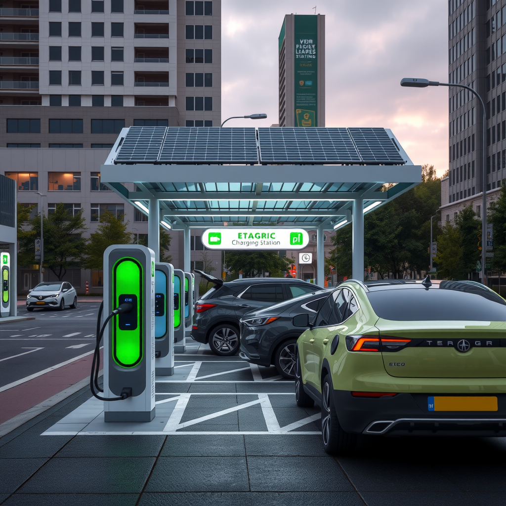 Estación de carga moderna para vehículos eléctricos ubicada en un espacio público urbano mostrando múltiples puntos de carga simultánea, diseño arquitectónico contemporáneo, paneles solares en el techo, señalización digital clara y vehículos eléctricos conectados