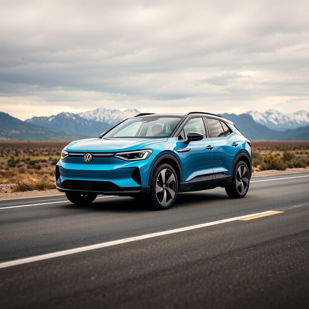 Volkswagen ID.4 SUV eléctrico color azul metálico en un paisaje de ruta argentina con montañas al fondo, mostrando su diseño aerodinámico y capacidad para viajes largos
