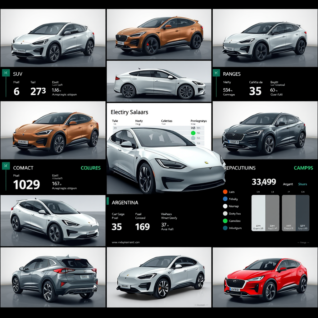 Collage de varios modelos de vehículos eléctricos disponibles en Argentina, incluyendo compactos urbanos, sedanes familiares y SUVs, con especificaciones técnicas, gráficos de autonomía y etiquetas de precios en un diseño comparativo profesional