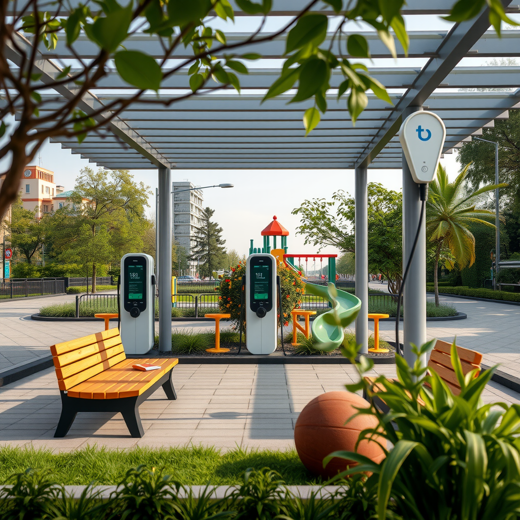 Hub de carga en Belgrano con diseño familiar, múltiples puntos de carga, áreas verdes circundantes, zona de juegos infantiles y bancos para descanso, ideal para familias