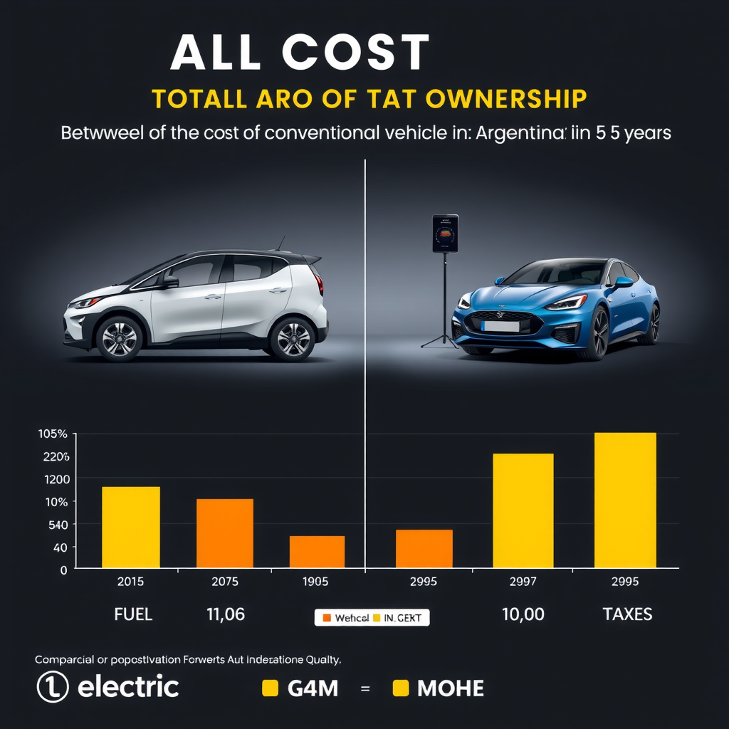 Infografía comparativa mostrando costos totales de propiedad entre vehículo eléctrico y convencional en Argentina durante 5 años, con barras de colores para combustible, mantenimiento, seguro e impuestos, diseño profesional con iconos