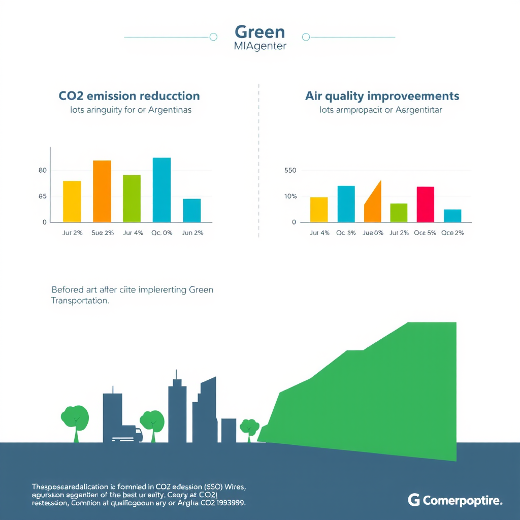 Infografía profesional mostrando gráficos comparativos de reducción de emisiones de CO2 y mejora en la calidad del aire en ciudades argentinas, con barras de colores, porcentajes claros y visualización de datos antes y después de implementar transporte verde