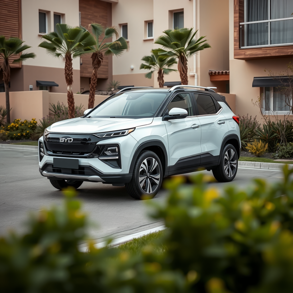 BYD Atto 3 SUV eléctrico color blanco perla en una zona residencial moderna de Argentina, mostrando su diseño contemporáneo y tecnología de batería avanzada