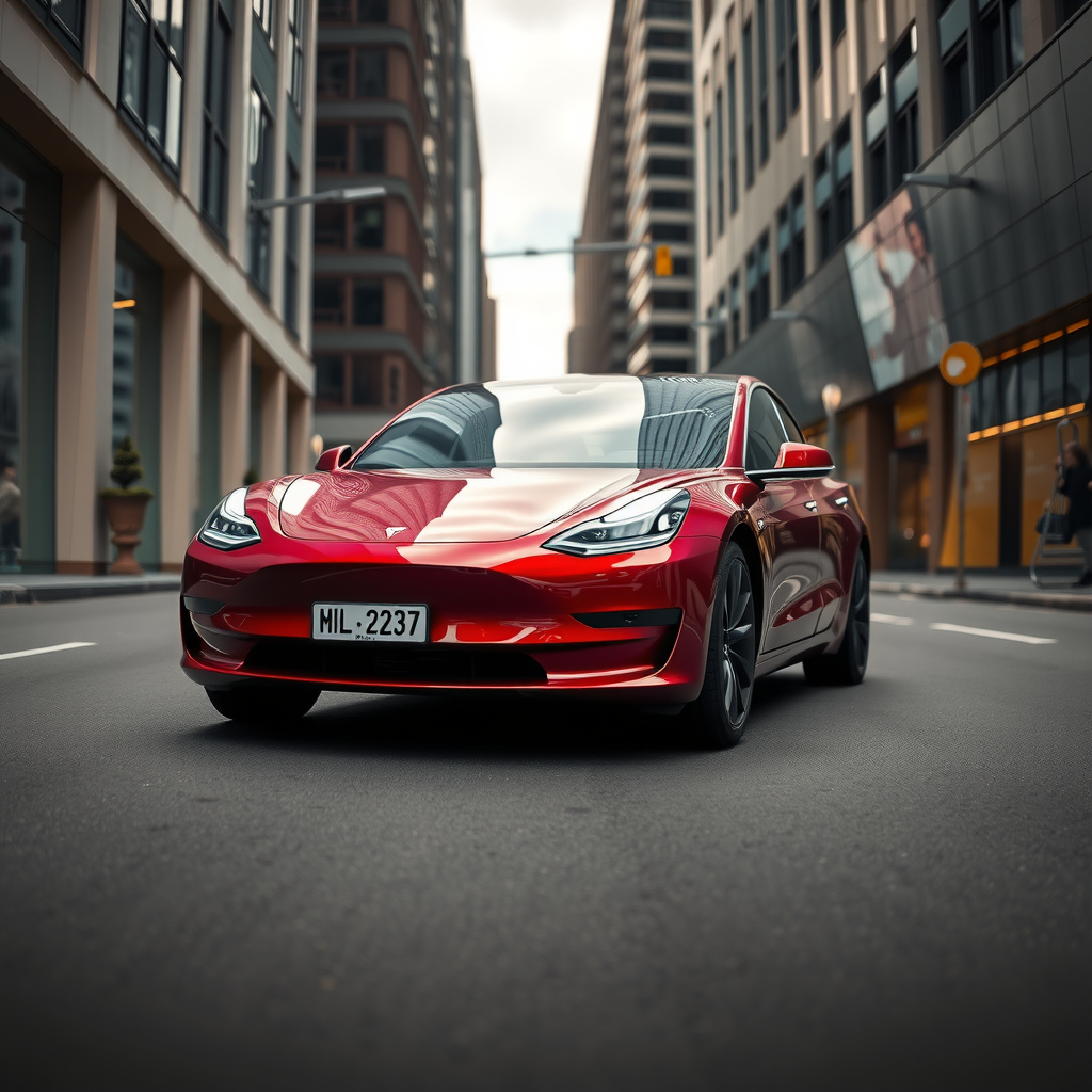 Tesla Model 3 color rojo metálico en una moderna zona empresarial de Buenos Aires, mostrando su diseño minimalista y tecnología de conducción autónoma avanzada