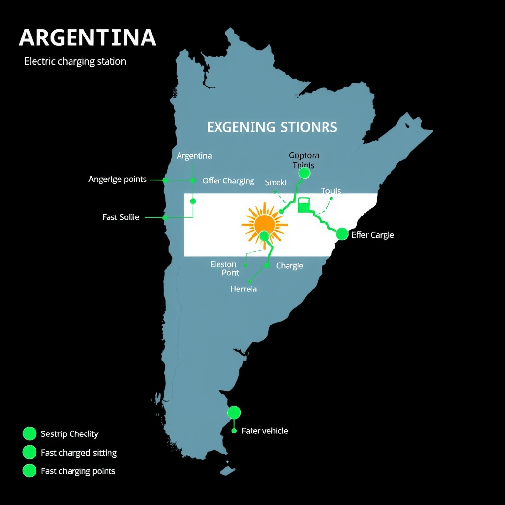 Mapa de Argentina mostrando la red de estaciones de carga para vehículos eléctricos, con puntos de carga rápida en ciudades principales y rutas, ilustrando la expansión de la infraestructura de movilidad eléctrica